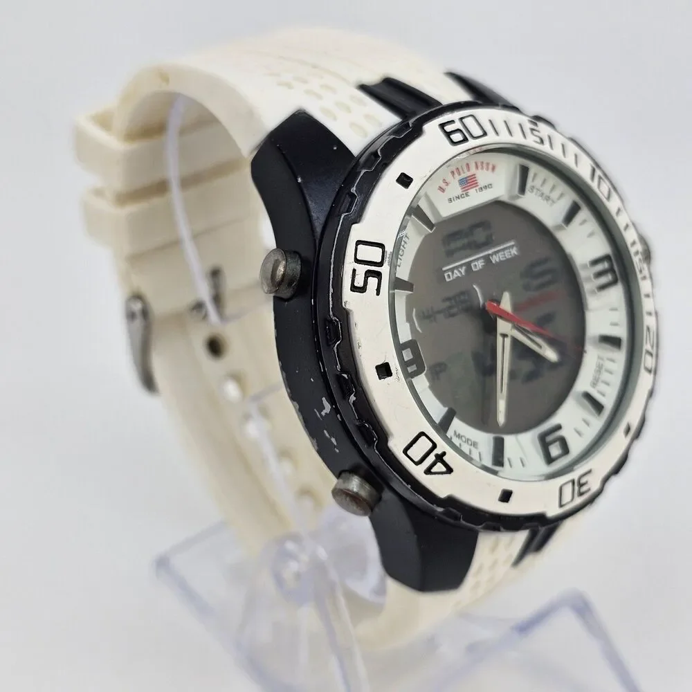US POLO ASSN Men's Watch Digital Analog 48MM White‎ Platic Bands New Battery